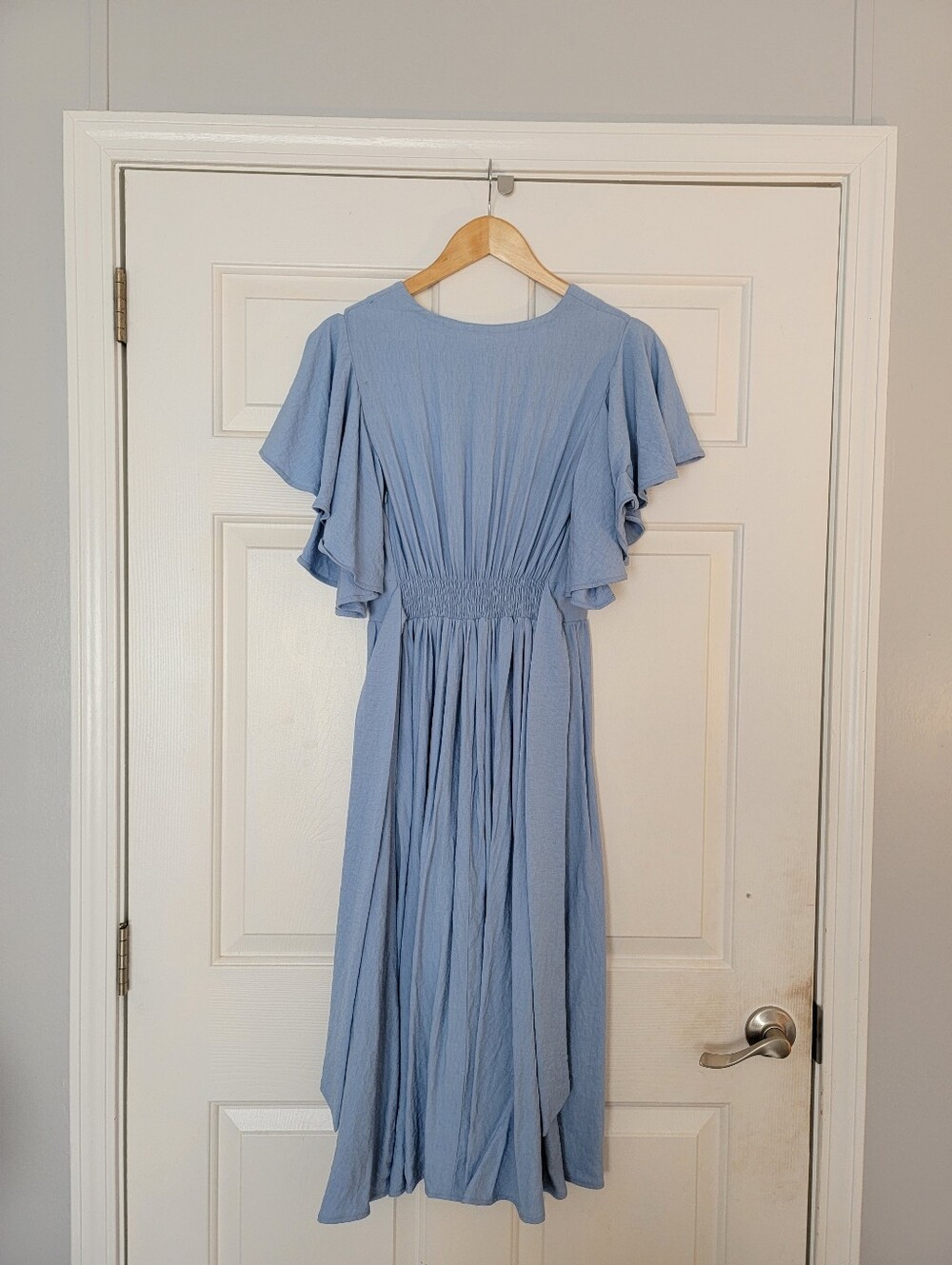 Modest Blue Midi Dress With Butterfly Sleeves And Waist Tie - Picture 2 of 7